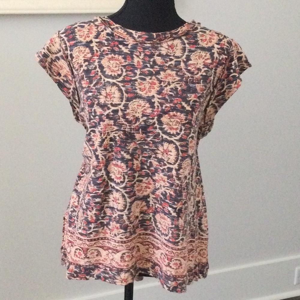 Free People Short Sleeve Top in Coral and Navy
